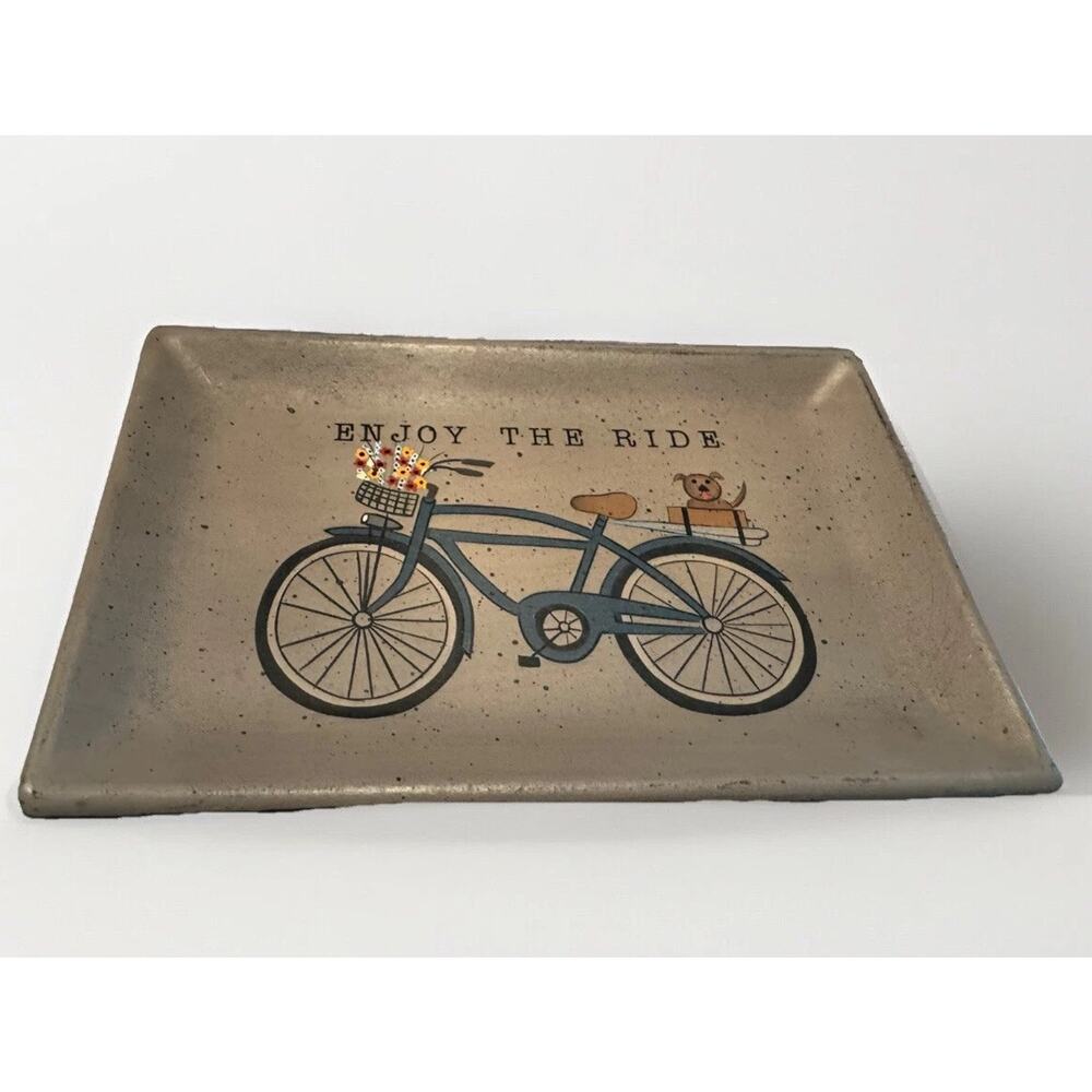 Vintage Donna White Bicycle ‘Enjoy the Ride’ Coin Key Wood Tray Rustic Farmhouse